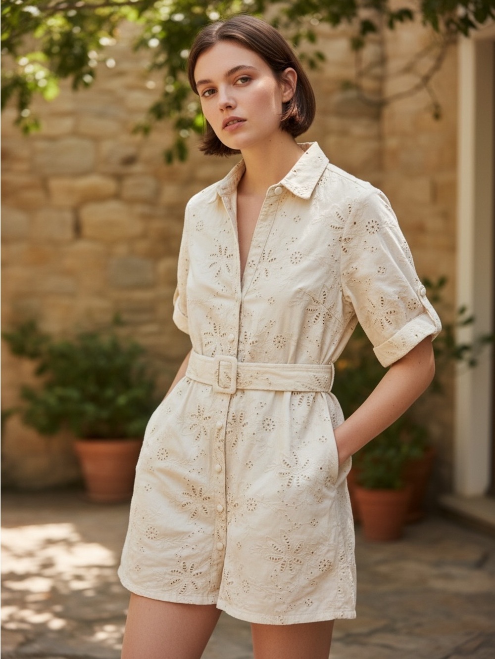 Solitaire Eyelet Shirt Romper in White